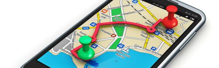 Celular aberto em um aplicativo de mapa, com dois pins demarcando um trajeto