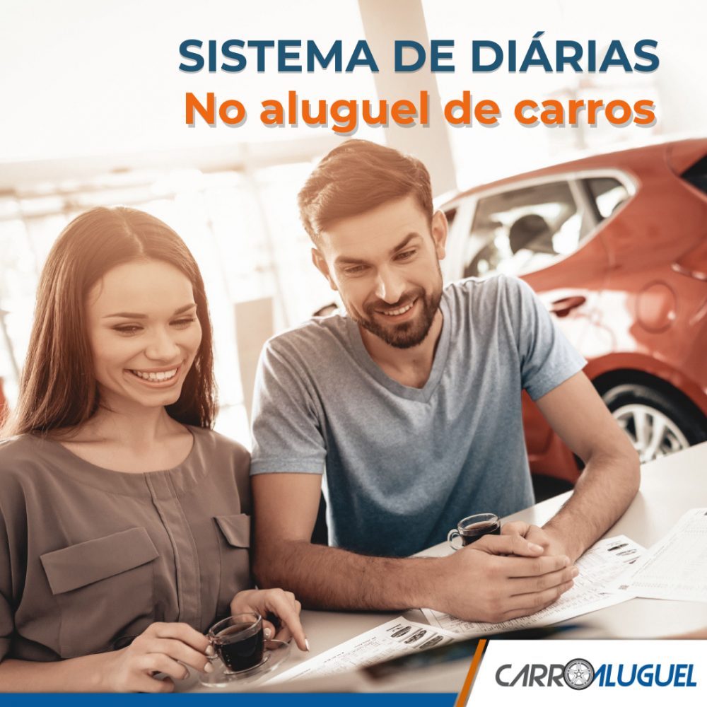 Imagem de um casal olhando papel numa locadora, com o título: Sistema de diárias no aluguel de carros