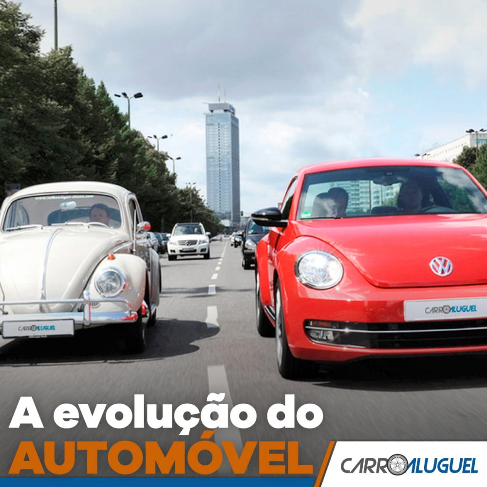 Imagem de dois modelos de fuscas na rua, com o título: A evolução do automóvel