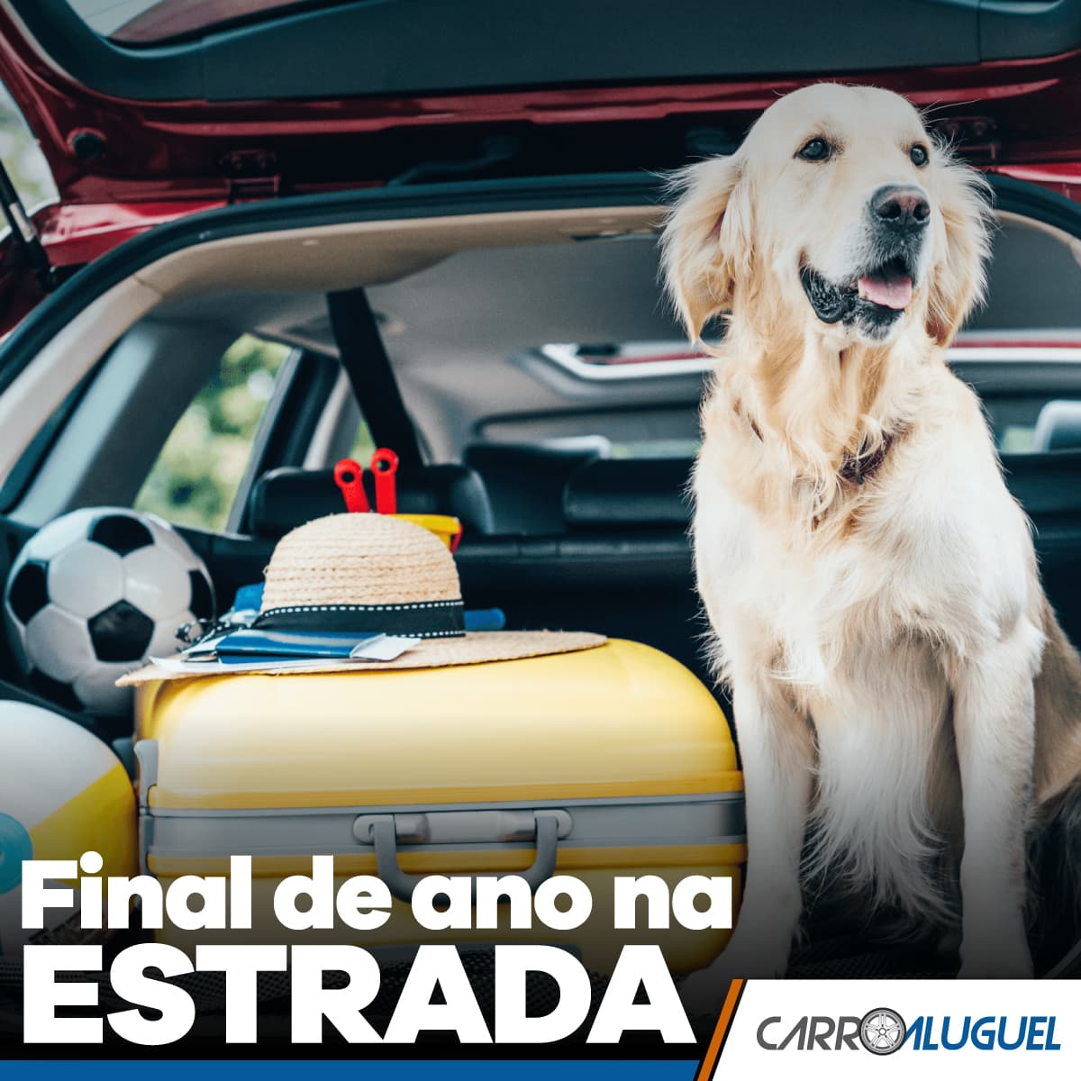 Imagem de um carro no porta-malas junto com a bagagem com o título: Final de ano na estrada