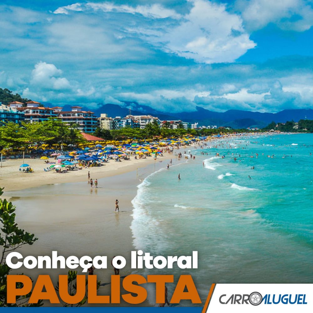 Imagem de uma praia com o título: Conheça o litoral paulista