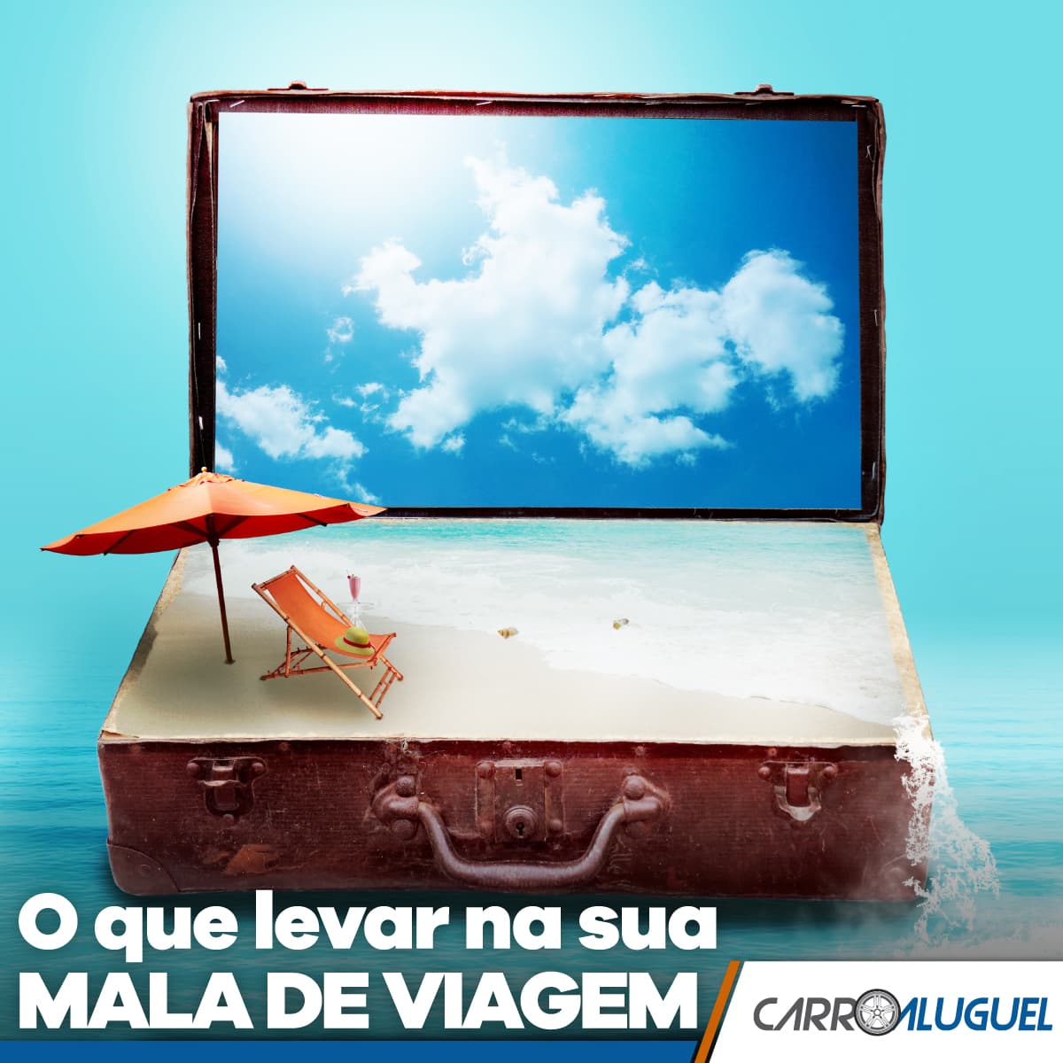 Imagem figurativa de uma praia dentro de uma mala de viagem com o título: O que levar na sua mala de viagem?