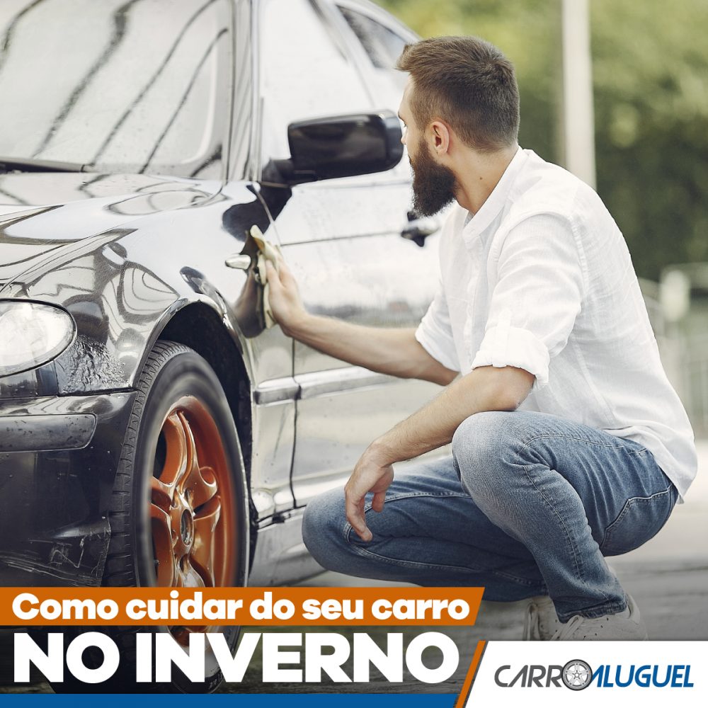 Imagem de um homem agachado ao lado do carro com o título: como cuidar do seu carro no inverno