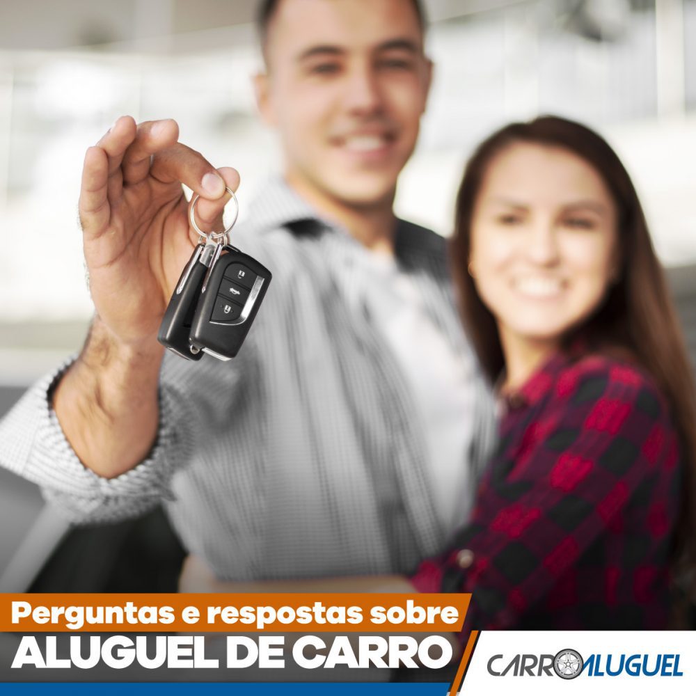 Imagem ofuscada de um casal se abraçando com uma chave na mão, com o título: perguntas e respostas sobre aluguel de carro