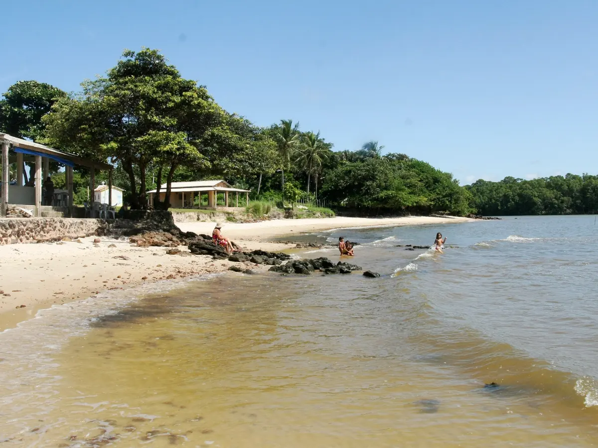 Água cristalina contornando a pequena orla na Ilha de Marajó, com vegetação abundante e duas construções à beira-mar.