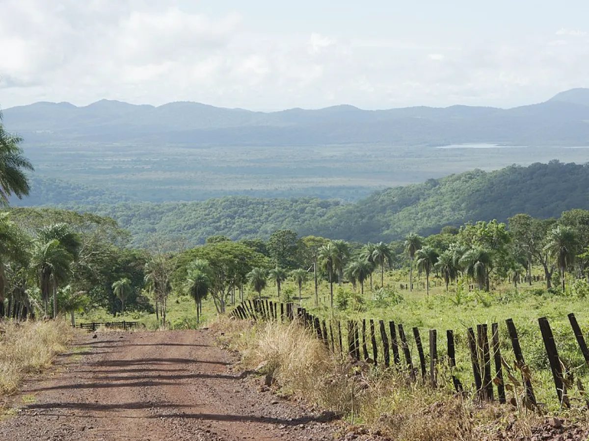 A imagem mostra um trecho da Estrada Parque. A via é de terra batida, ladeada por uma vegetação rasteira e uma cerca de madeira. Mais ao fundo, é possível ver árvores que se estendem até o horizonte. Ao fundo, serras verdes ocupam a imagem. O céu é azul-acinzentado.