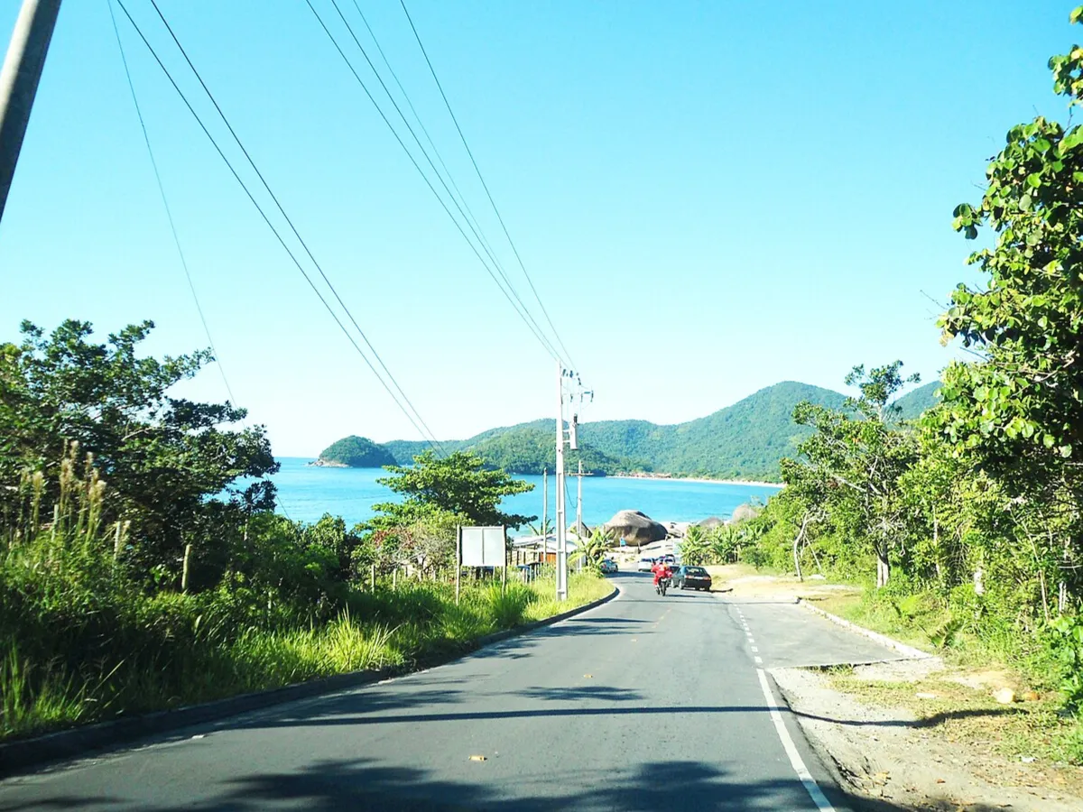 A imagem mostra um trecho da rodovia Rio-Santos, ladeado de vegetação verde alta. É possível ver alguns postes e linhas de energia elétrica. No horizonte, o mar azul e algumas serras. O céu também está azul, sugerindo um dia ensolarado.