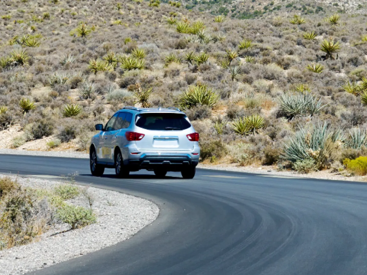 Na imagem, um carro cinza transita sozinho em uma rodovia rodeada de vegetação desértica. É possível observar diversas moitas, cactos e um chão de terra. A vegetação ocupa a maior parte da imagem.