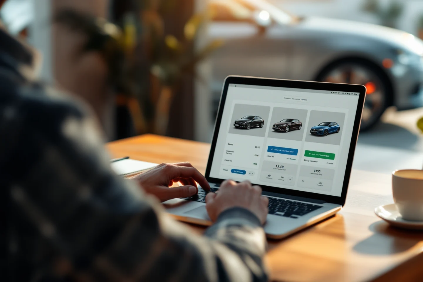 Pessoa usando notebook para comparar modelos de carros no site CarroAluguel.com.