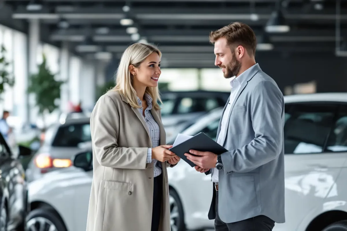 Homem e mulher analisando documentos antes de fazer aluguel mensal de carro