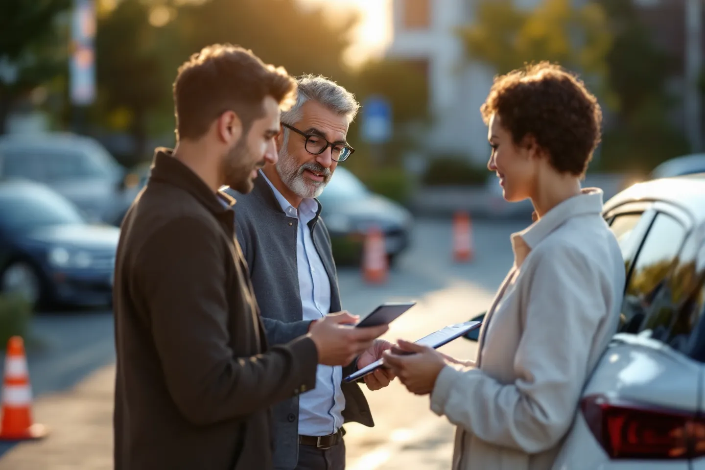 Três pessoas conversando sobre o contrato de aluguel mensal de carro em área externa