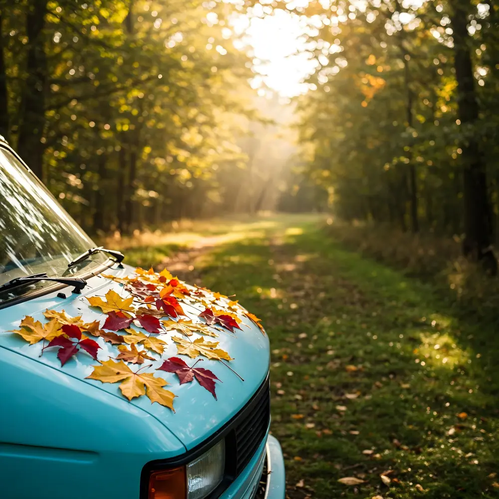 Carro de aluguel estacionado em uma floresta durante viagem no outono